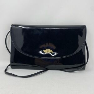 Vtg Leslie Fay Clutch Shoulder Bag Black Patent Leather Mob Wife Retro
